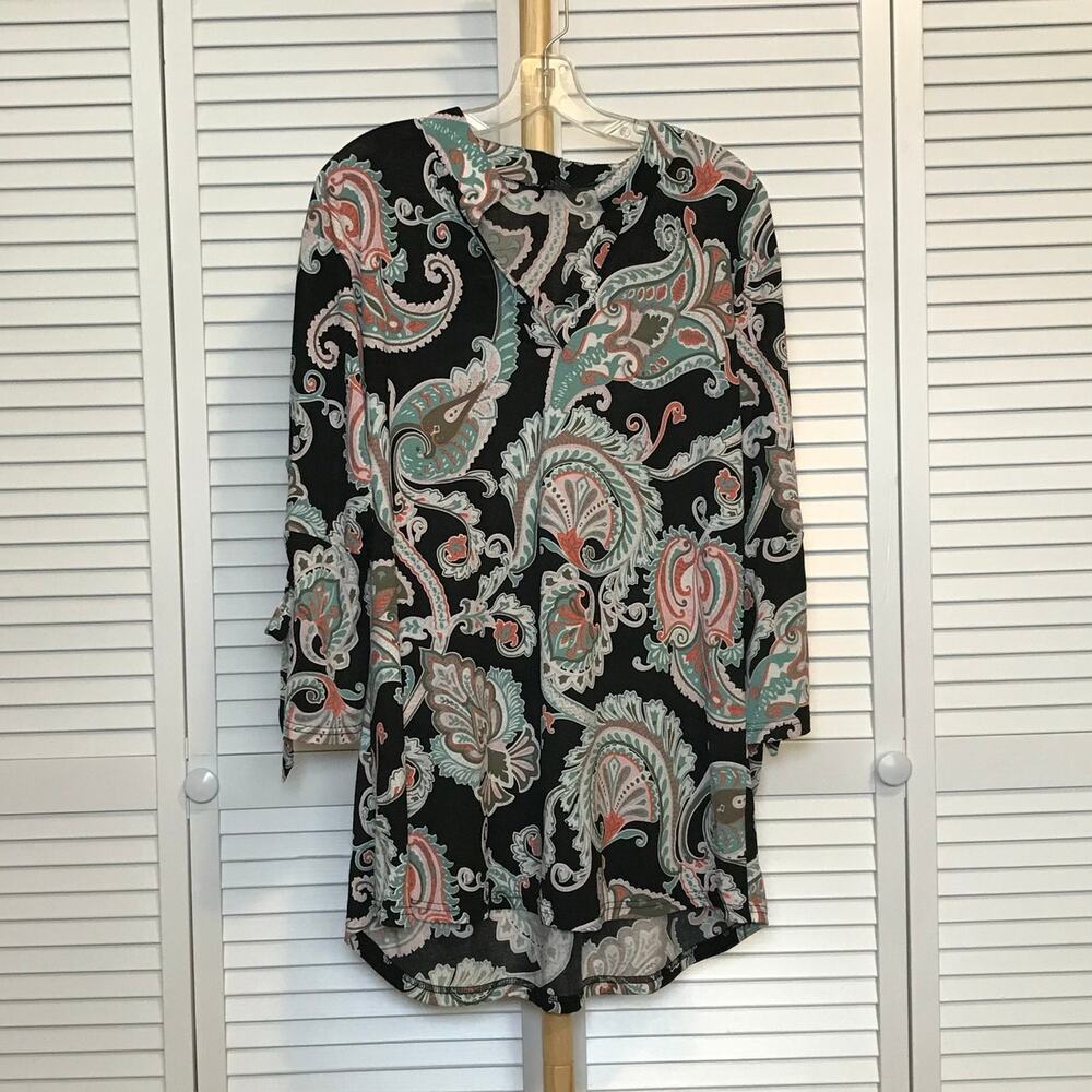Lildy Multicolor Paisley V-Neck 3/4 Split Sleeve Stretch Women Blouse L-XL